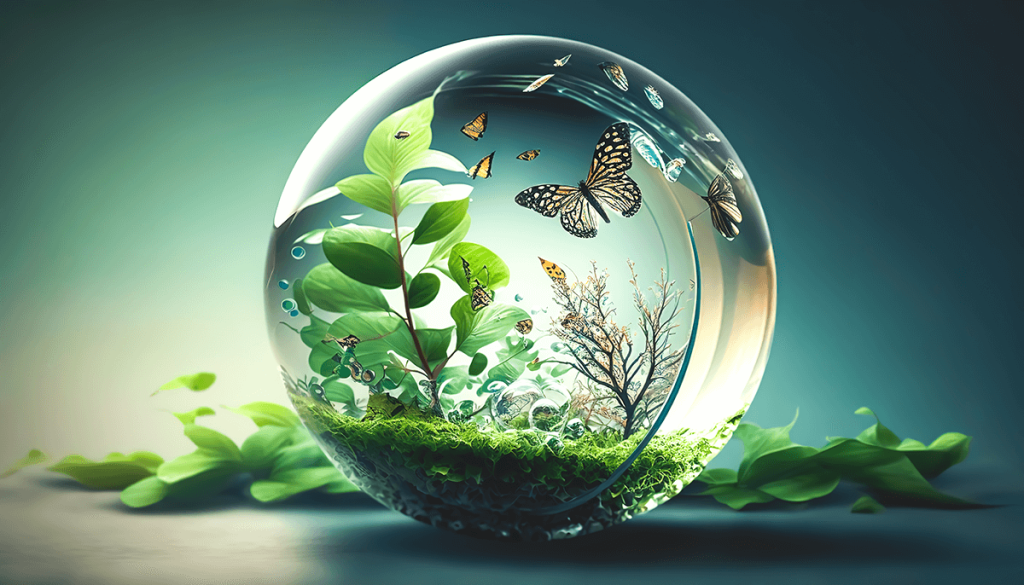 This image features a glass sphere containing a small, thriving ecosystem. Inside, vibrant green plants grow alongside bare branches, while butterflies flutter both inside and around the sphere, creating a dynamic sense of life and movement. The scene inside the sphere is rich with natural textures, including moss-covered ground and lush greenery, symbolizing growth and renewal. Outside the sphere, leaves spill out, blending the inner and outer worlds. The background is a soft gradient, from light green to dark teal, enhancing the ethereal, tranquil atmosphere of this harmonious depiction of nature.