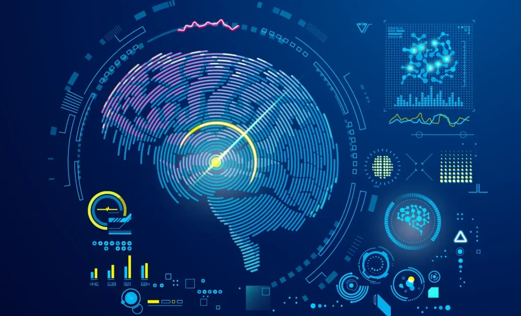 A visual representation of various technology widgets and a brain representing artificial intelligence