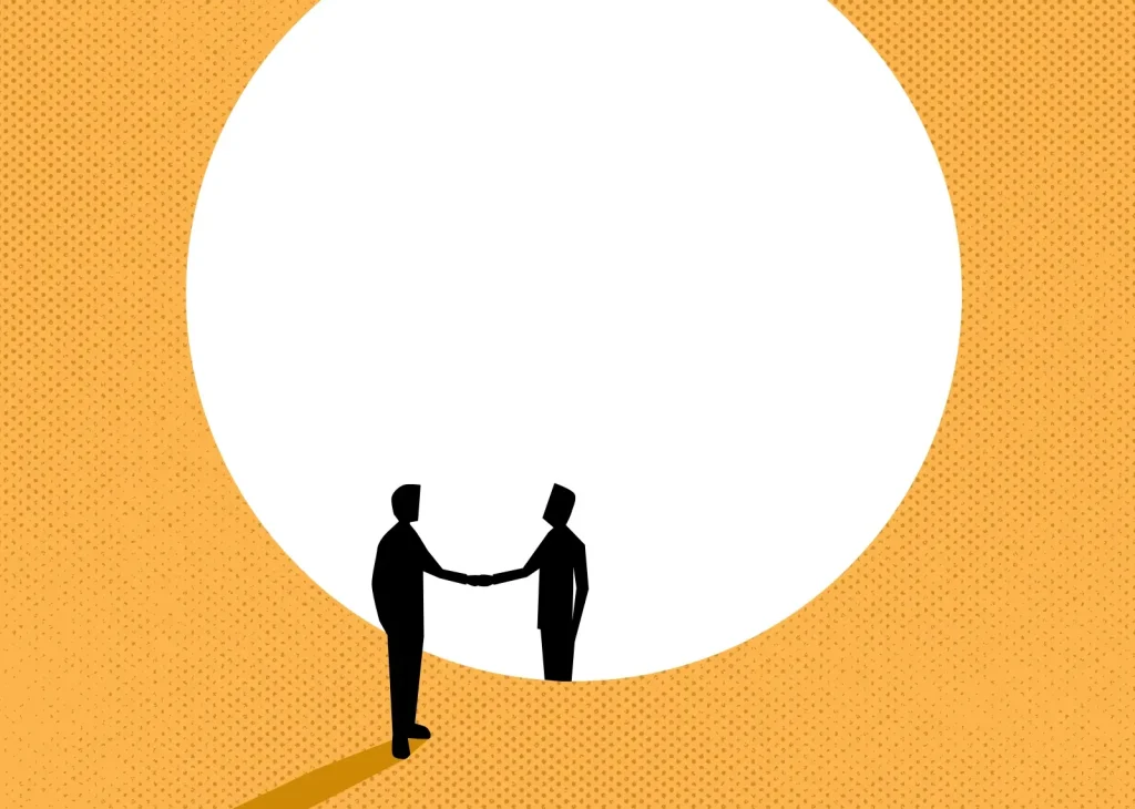 Two people on opposite sides of a circle shaking hands